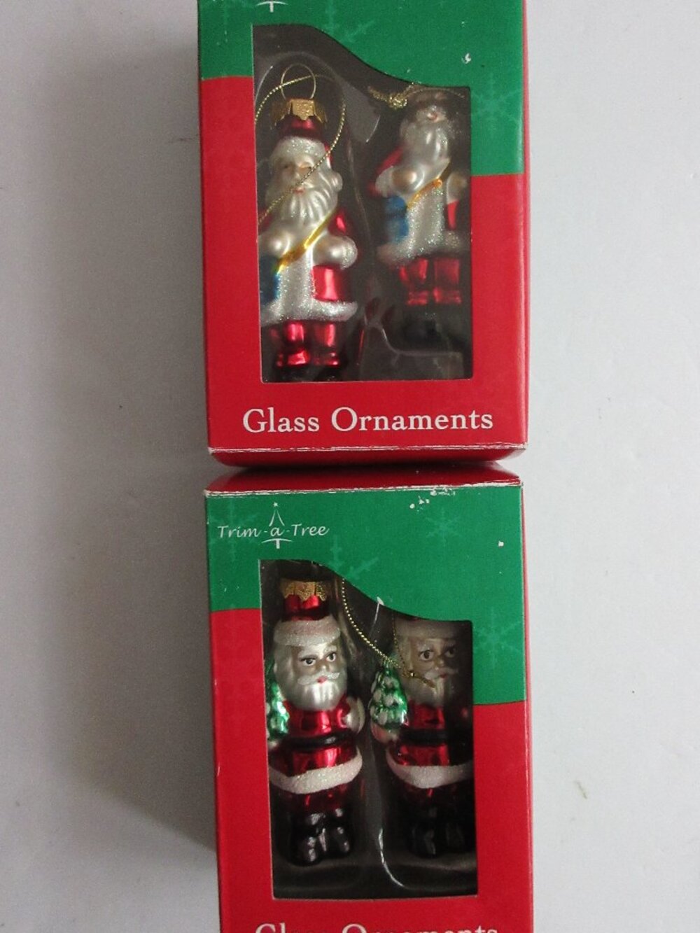Trim-A-Tree Glass Miniature Christmas Ornaments 3" Santa w/ Bag and Tree in Box